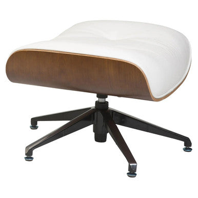 Eames Lounger High-back Office Chair with Footrest, Modern Ergonomic Office Chair with Wooden and White Cushioned Seating, Adjustable Height, and Black Metal Star Base with Caster Wheels.