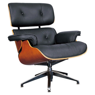 Eames Lounger High-back Office Chair with Footrest, Black Leather Upholstery with Wooden Accents and Metal Base, Modern Ergonomic Design.