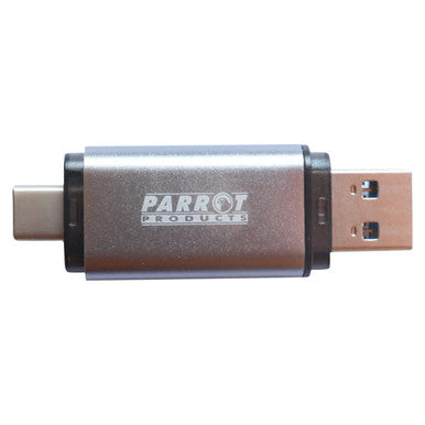 Parrot Products 67 Brand 32GB External Storage USB 3 Flash Drive with Dual USB Type-A and Type-C Connectors, Enabling High-Speed Data Transfer, in a Sleek Silver and Copper Design.