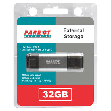 Parrot Products 67 Brand External Storage USB 3 Flash Drive, 32GB, with Dual USB Type-A and C, Enabling High-Speed Data Transfer, in a Compact Design, with Read Speed of 80Mbps and Write Speed of 25Mbps.