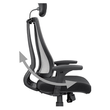 Follow Me High-back Office Chair by 67, a Customisable Upholstery Chair with Ergonomic Design, Adjustable Features and Synchro Mechanism for Comfort, in Black Colour, Showcasing Its Adjustable Backrest and Headrest.