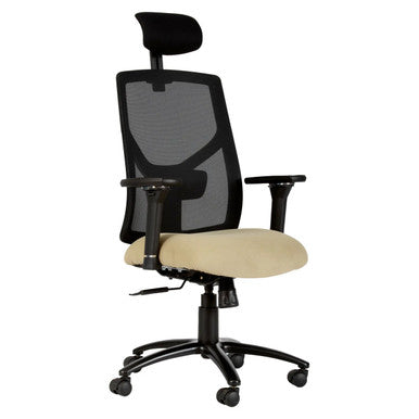 Fortress High-back Office Chair by 67, an Ergonomic Chair with Black Mesh Back, Adjustable Headrest, Beige Seat, and Black Armrests on a Five-Legged Base with Wheels, Showcasing Comfort and Durability.