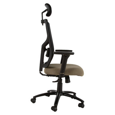 Fortress High-back Office Chair by 67, Featuring a Black Frame, Beige Seat, and Adjustable Headrest, Showcasing Its Heavy-Duty Synchro Mechanism for Optimal Comfort and Support, with a Sturdy Five-Star Base and Caster Wheels.