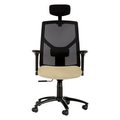 Fortress High-back Office Chair by 67, Featuring a Black Mesh Back, Beige Cushioned Seat, and Adjustable Headrest, Providing Supportive Office Seating with a Sturdy Black Frame and Five-Star Base with Wheels.