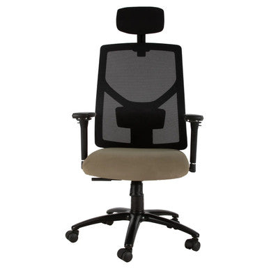 Fortress High-back Office Chair by 67, Featuring a Black Mesh Back, Tan Seat, and Durable Frame, Exemplifying Durable Office Furniture with a Heavy-Duty Design, Adjustable Headrest, and Ergonomic Armrests on a Five-Star Base with Wheels.