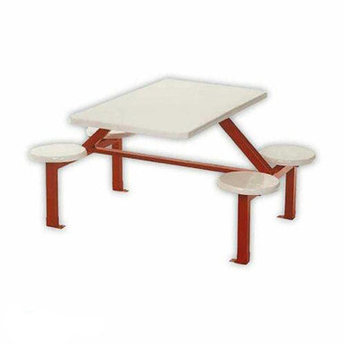Four-seater Canteen Rectangular Stool Set DS4, a Modern Dining Furniture Set with a Rectangular White Tabletop and Three Attached Round White Stools Supported by Sturdy Wooden Legs.
