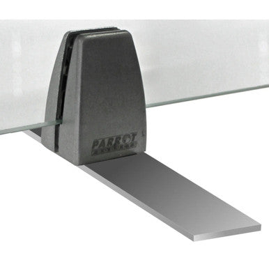 Glass Till Point Screen 580 x 880 mm Landscape MEDTS04, Product Image Showing a Glass Point of Sale Screen with a Metal Bracket and a Broad Glass Panel.