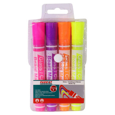 Glass/Chalkboard Markers Pouch 4 (Pink, Purple, Orange, Yellow) PC0602B, Image of a Transparent Plastic Pouch Containing Four Colourful Markers with Bullet Tips in Pink, Purple, Orange, and Yellow Colours.