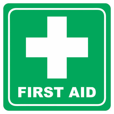 Green First Aid Symbol Sign with White Cross and Text on Green Background, 150 x 150 mm, Printed on White ACP with Rounded Edges, Featuring a Double-sided Tape, Showcasing a Clear Green First Aid Symbol for Easy Identification.