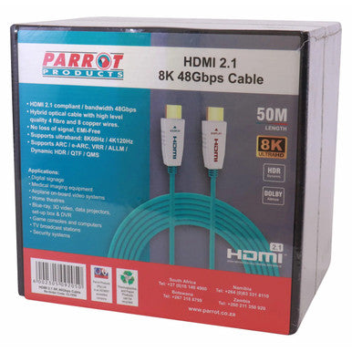 Product HDMI 8K Fibre 2.1 Cable 50 Metres CL1050, Retail Packaging of an HDMI 2.1 8K 48Gbps Cable with Images of the Cable Ends and Specifications on the Box.