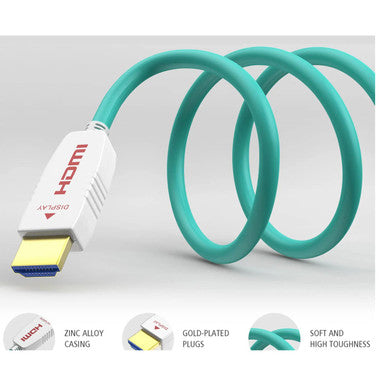 HDMI 8K Fibre 2.1 Cable, 50 Metres, CL1050, with Turquoise Fibre Optic Cable and White Connector with Gold-Plated Plug.