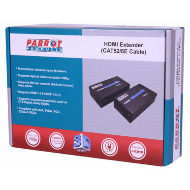 HDMI Extender over CAT52/6E Network Cable, Product Packaging Showing the HDMI Extender Device with Specifications for Transmission Distance, Video Resolution, and Audio Support.