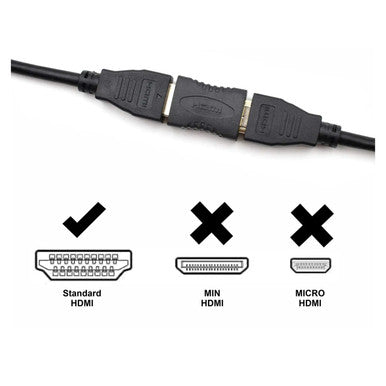 HDMI Female to HDMI Female Connector, Product AD2017, with Illustration Showing the Difference Between Standard HDMI, Mini HDMI, and Micro HDMI Ports.