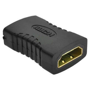 HDMI Female to HDMI Female Adapter, Black Plastic Connector with Gold-Plated HDMI Ports for Connecting HDMI Cables.