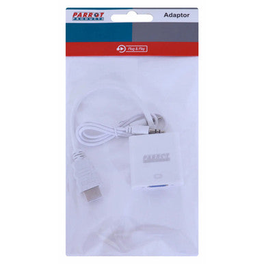 HDMI to VGA with Audio Converter, Product Image of the HDMI to VGA Converter with Attached Audio Cable in Packaging.