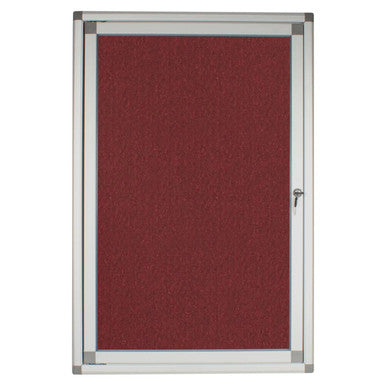 Hinged Pinning Display Case, 900 x 600 mm Burgundy Colour with Metal Frame and Lockable Door for Wall Mounting.