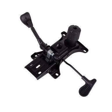 Black Infinite Lock Mechanism by 67, an Ergonomic Chair Part with Adjustable Levers and Custom Upholstery Options for Office Seating, Featuring a Durable Design with Metal and Plastic Components.