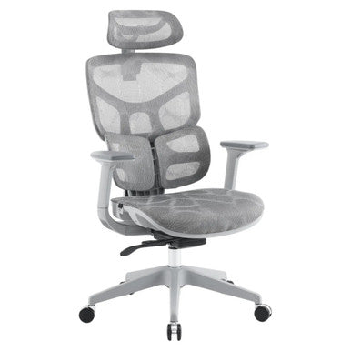 Jankz Body Balance High-back Office Chair, Modern Ergonomic Office Chair with Adjustable Headrest, Mesh Backrest, Cushioned Seat, and Armrests, on a White Base with Caster Wheels.