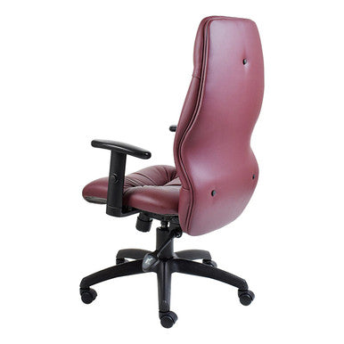 Jasmin High-back Office Chair by Office Stock South Africa, a Maroon Lumbar Support Chair with Black Base and Armrests, Featuring a High-back and Ergonomic Design for Comfort, Made of Leather, Showcasing Its Durable Build and Stylish Look.
