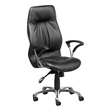 Black Leather Jasmin High-back Office Chair by Office Stock South Africa, Featuring a High Backrest, Cushioned Seat, and Adjustable Armrests on a Five-Star Chrome Base with Castors, Showcasing a Sleek High-back Office Chair Design.