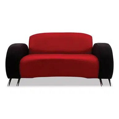 Komodo Sofa Double Seater with Red and Black Upholstery, Featuring a Modern Design, Plush Cushions, and Sleek Metal Legs, Showcasing a Stylish and Comfortable Seating Option.