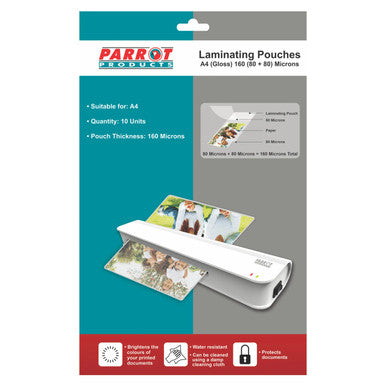 Laminating Pouches, A4 Gloss Pack with 160 Micron Thickness, Shown in Packaging with Images of Laminated Documents and Details About Its Specifications.