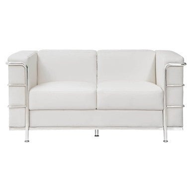 Le Cube Le Corbusier Sofa, Modern White Sofa with Sleek Chrome Frame and Plush Cushions.