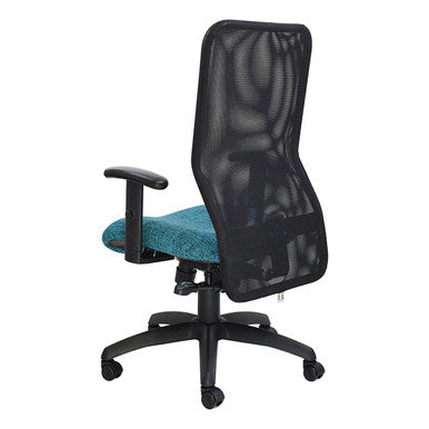 Black Mesh High-back Office Chair with Teal Seat, Adjustable Height Chair Features a Synchro Lock Mechanism and Ergonomic Design, Five-Star Base with Wheels, by 67 Brand, Showcasing Comfort and Support for Workspace Environments.