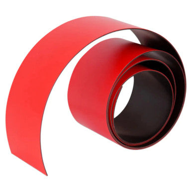 Magnetic Flexible Strip, 1000 x 15 mm - Red, Coiled Magnetic Strip with Adhesive Backing for Industrial or Craft Applications.