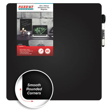 Magnetic Whiteboard Tile, 355 x 355 mm Black Rectangular Board with Rounded Smooth Corners and a White Dry Erase Marker Attached on the Right Side.