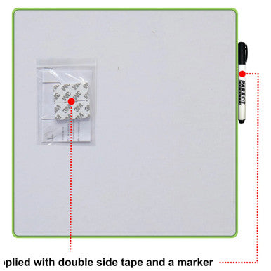 Magnetic Whiteboard Tile (355 x 355 mm - Green), Image Showing the Whiteboard with a Marker Attached on the Right Side and a 3M Adhesive Pad in the Packaging on the Left Side.