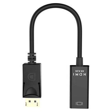 Male DisplayPort to HDMI Female Adapter, Compact Black Video Converter with a Cable Connecting DisplayPort and HDMI Interfaces.