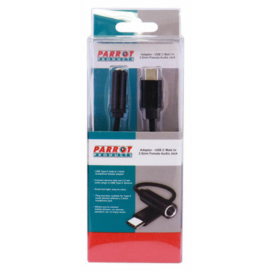 Male USB-C to 3.5 mm Female Audio Jack Adaptor, Product Image Showing the Black Adapter with USB-C Connector and 3.5 mm Female Audio Jack, Packaged in a Transparent Box with Branding and Specifications.