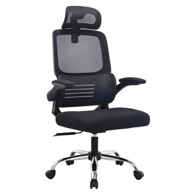 Mercury High-Back Office Chair. Black mesh back frame with chrome decorative insert. Adjustable mesh headrest. Black fabric seat with moulded foam. Flip arms with soft fabric arm pads. Swivel and tilt Mechanism. Chrome base.