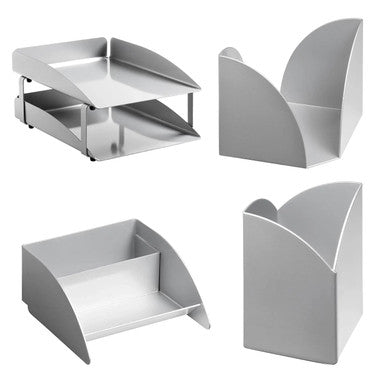 Modern Steel Two - Tier Desk Set: Letter Tray, Paper Cube Holder, Pencil Cup & Business Card Holder - Additional View 3