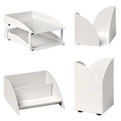 Modern Steel Two-Tier Desk Set: Letter Tray, Paper Cube Holder, Pencil Cup & Business Card Holder
