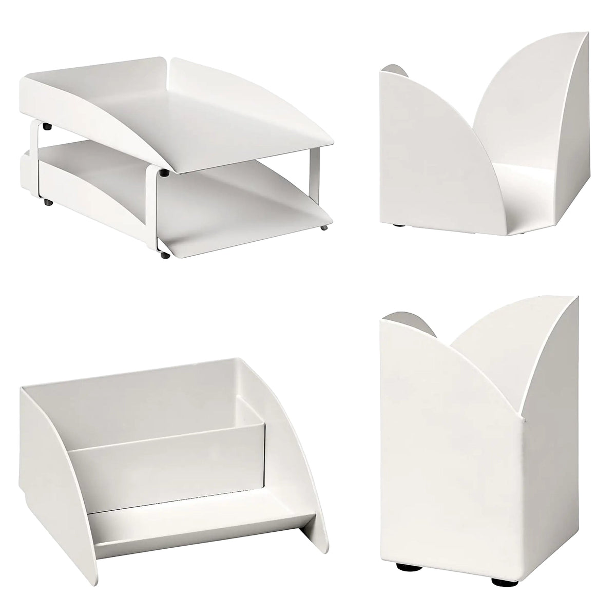 Modern Steel Two – Tier Desk Set: Letter Tray, Paper Cube Holder, Pencil Cup & Business Card Holder
