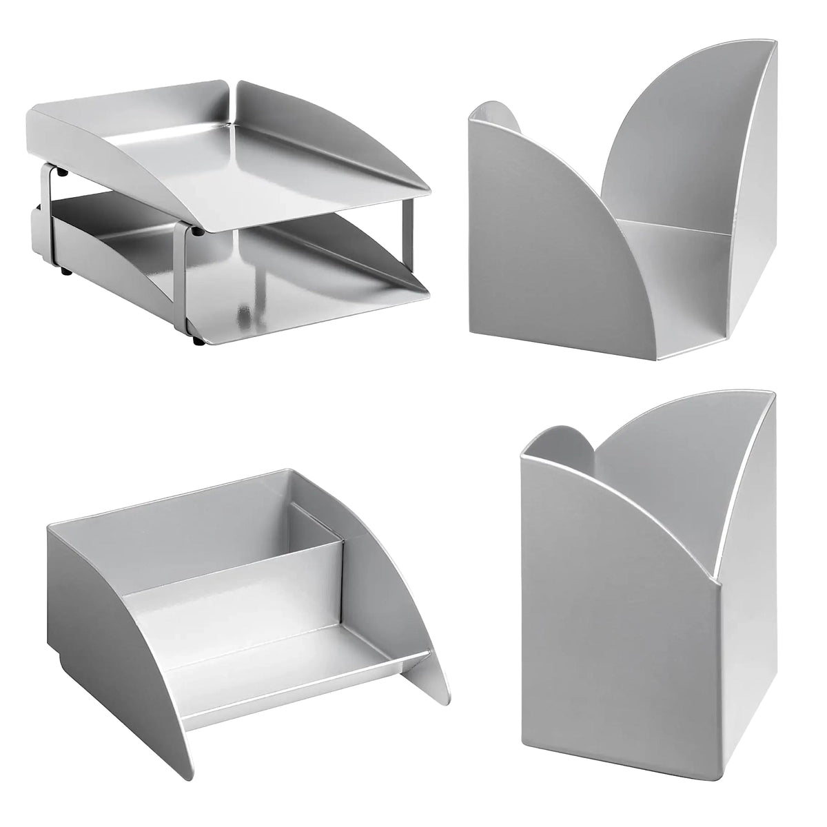 Modern Steel Two – Tier Desk Set: Letter Tray, Paper Cube Holder, Pencil Cup & Business Card Holder