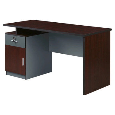 Modern Two Tone Colour Desk with Built in Desk Height Pedestal, Showcasing a Contemporary Office Desk with a Dark Wood Finish, Grey Accents, and a Built-in Pedestal for Storage.