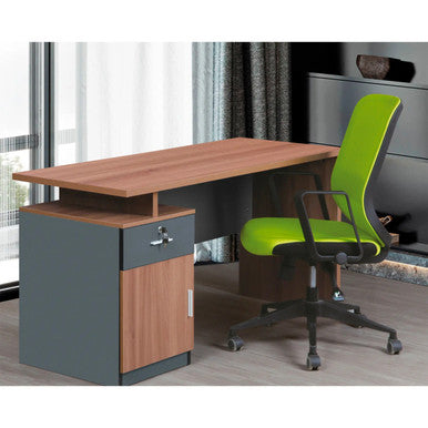 Modern Two Tone Colour Desk with Built in Desk Height Pedestal, Featuring a Wooden Top and a Grey and Wood Storage Pedestal with Lock, Paired with an Ergonomic Bright Green Office Chair.