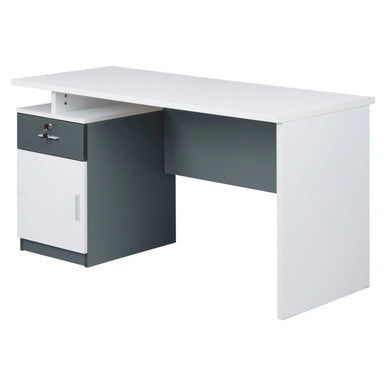 Modern Two Tone Colour Desk with Built in Desk Height Pedestal, White and Grey Office Desk with a Lockable Drawer and a Storage Cabinet
