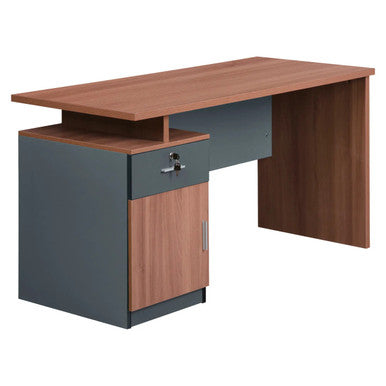 Modern Two Tone Colour Desk with Built in Desk Height Pedestal, an Office Desk Featuring a Two-Tone Colour Design, a Spacious Wooden Top, and a Built-in Pedestal with Storage and Locking Capabilities.
