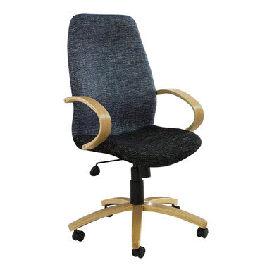 Morant Wooden High-back Office Chair by Office Stock South Africa, Featuring a Dark Grey Fabric Seat and Backrest, Wooden Arms and Base with Wheels, Showcasing Its Ergonomic High-back Design and Sturdy Build.