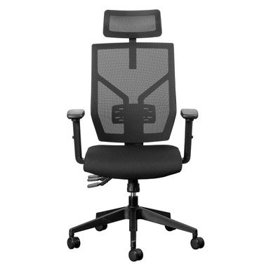 Ortho-Air High-back Office Chair KAR-HCH-11/Zz/ORA02, Ergonomic Office Chair with Adjustable Headrest, Mesh Backrest, Padded Seat, and Armrests, on a Wheeled Base.