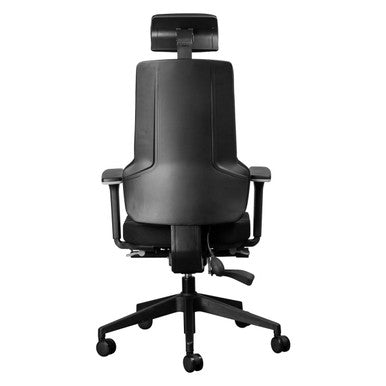 Ortho-Max High-back Chair, Ergonomic Black Office Chair with Headrest, Adjustable Armrests, and Lumbar Support for Comfortable Sitting.