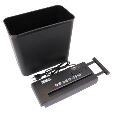 Paper Shredder S100, 5 Sheet Capacity Strip Cut Shredder with 6.8 mm Strip Size and Low Security Level, Shown with a Removable Waste Bin for Convenient Shredded Paper Disposal.