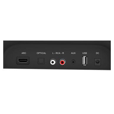 Parrot Speaker Sound Bar + 5.25 Inch Wireless Sub Incl Wall Bracket CT3018, Image Showing the Back Panel with Various Input and Output Ports Including HDMI Arc, Optical, RCA, AUX, USB, and DC Power Connector.