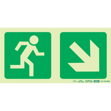 67 Brand Photoluminescent 190 mm Safety Sign, Glow in the Dark Sign, Featuring Running Man and Diagonal Arrow Down and Right, SABS Approved, Providing Essential Wayfinding Information for Emergency Procedures in Green Colour.