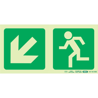 Photoluminescent 190mm Safety Sign - E14 - Diagonal Arrow Down and Left + Running Man