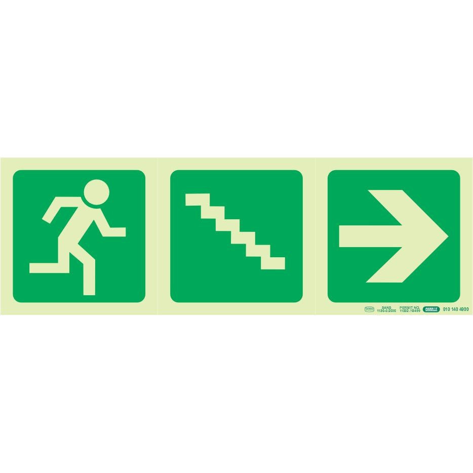Photoluminescent 190MM Safety Sign - E16-Running Man+Stairs Going Down+Arrow Right